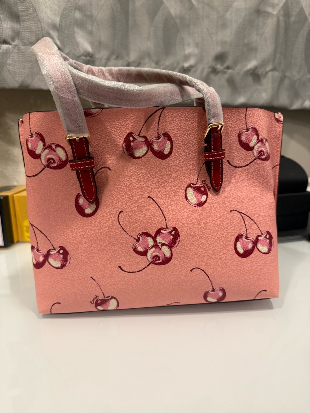 Coach Pink Cherry Print Leather Tote with Red Trim - Picture 2 of 5
